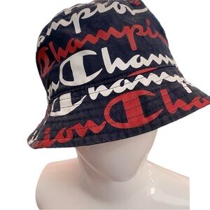 CHAMPION Logo Bucket Hat Navy Blue, with red and white logo